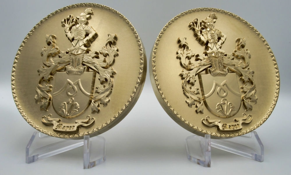 Bronze Medaille, Metall Platte mit Familienwappen, Wappen