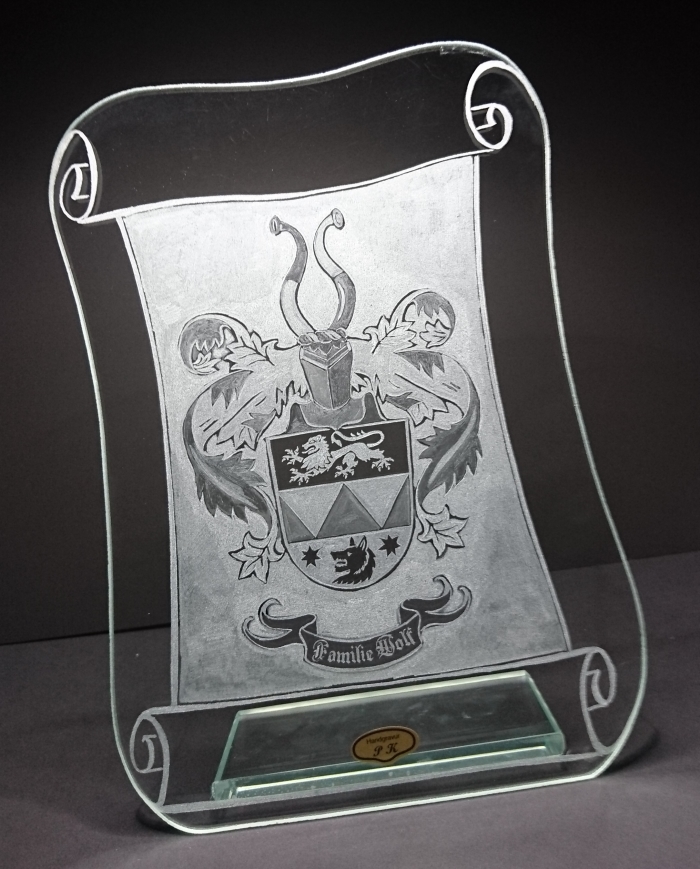 Glasgravur Wappen auf Glasplatte